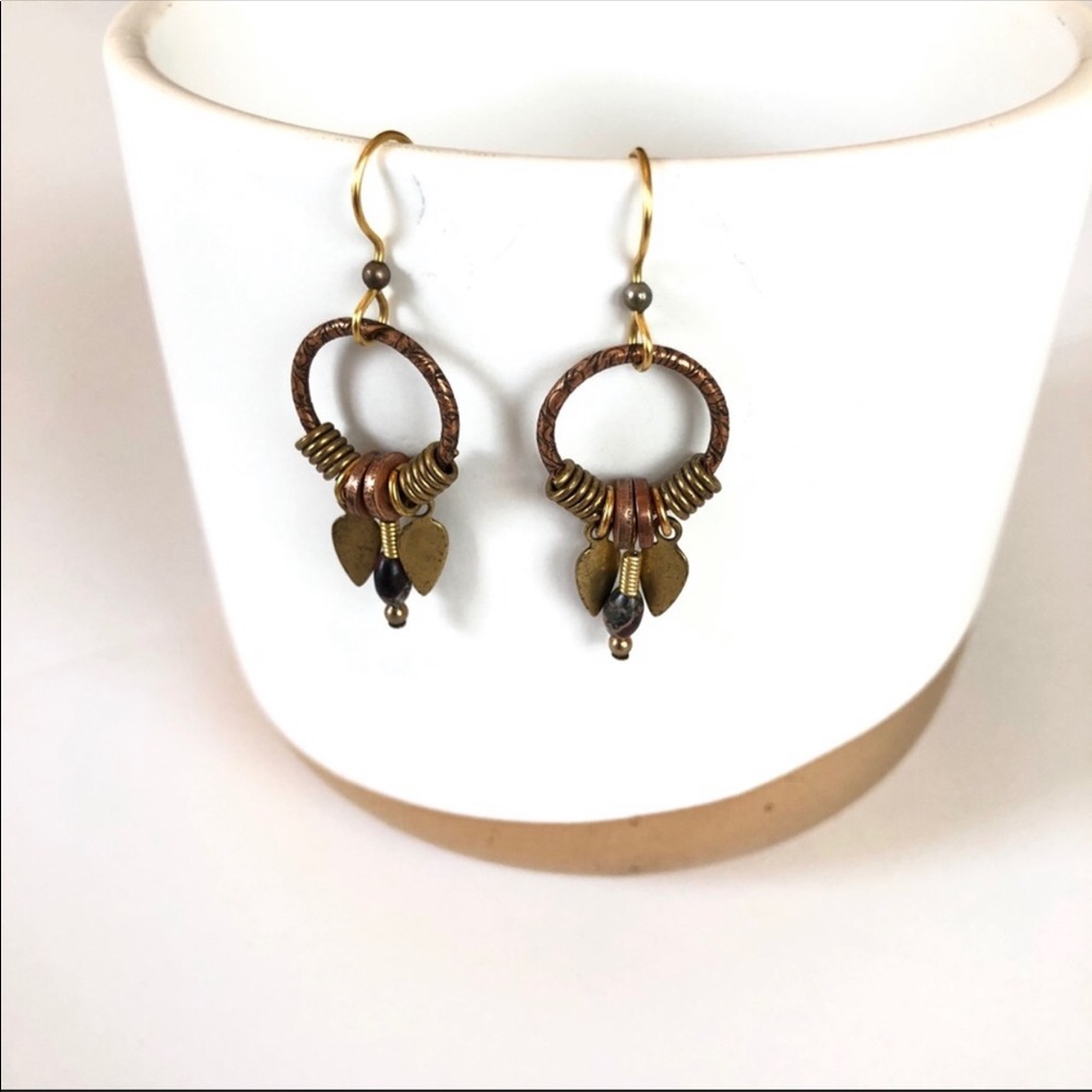 Bronze & Copper Aztec Hoop Dangle Drop Earrings